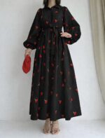 Front And back Allover Cherry Embroidered Maxi With Separate Adjustable Belt - Image 9