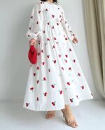 Front And back Allover Cherry Embroidered Maxi With Separate Adjustable Belt - Image 7