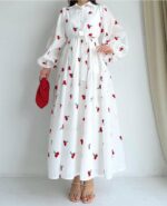 Front And back Allover Cherry Embroidered Maxi With Separate Adjustable Belt